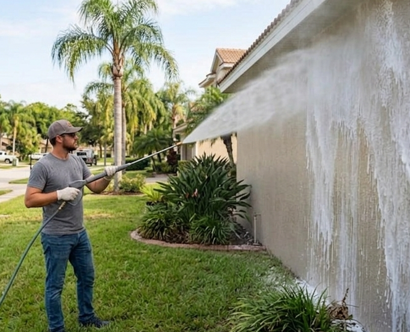 Illustration of low-pressure house washing