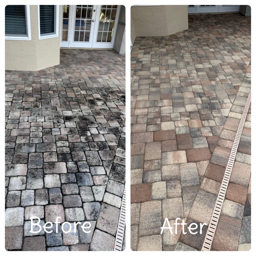 Pool deck surface before and after professional cleaning